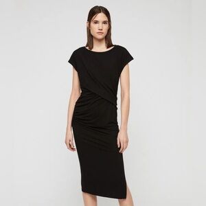 AllSaints Kasia Black Jersey Knit Draped Midi Dress Short Sleeves Women’s Small